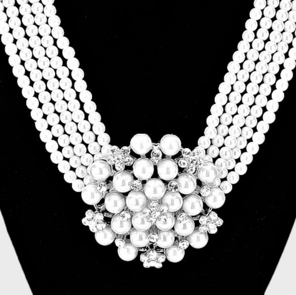 Silver White Pearl Cluster ClipOn Earrings Rhinestone Layered Chain Necklace Set - Picture 2 of 2
